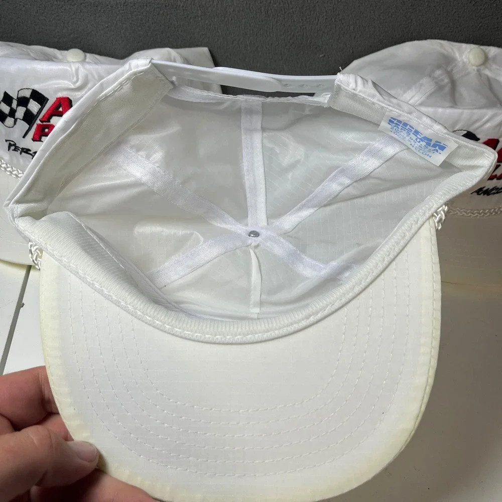 Vintage Auto Palace Performance Team Snapback Hat White Nylon Racing Rope Cap